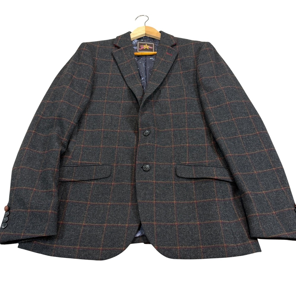 NEW Joe Browns Mens 40R Grey Windowpane Check Blazer Celestial Space Lining Wool